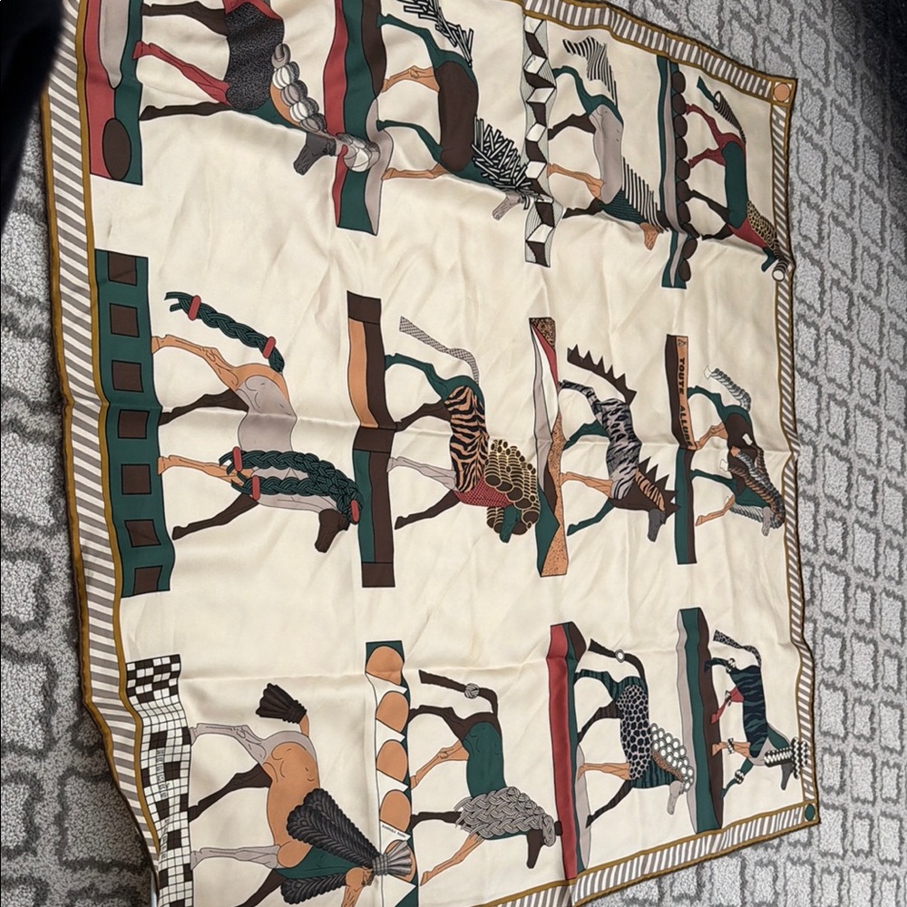 Hermes Cream Multicolor Equestrian Print Silk Scarf